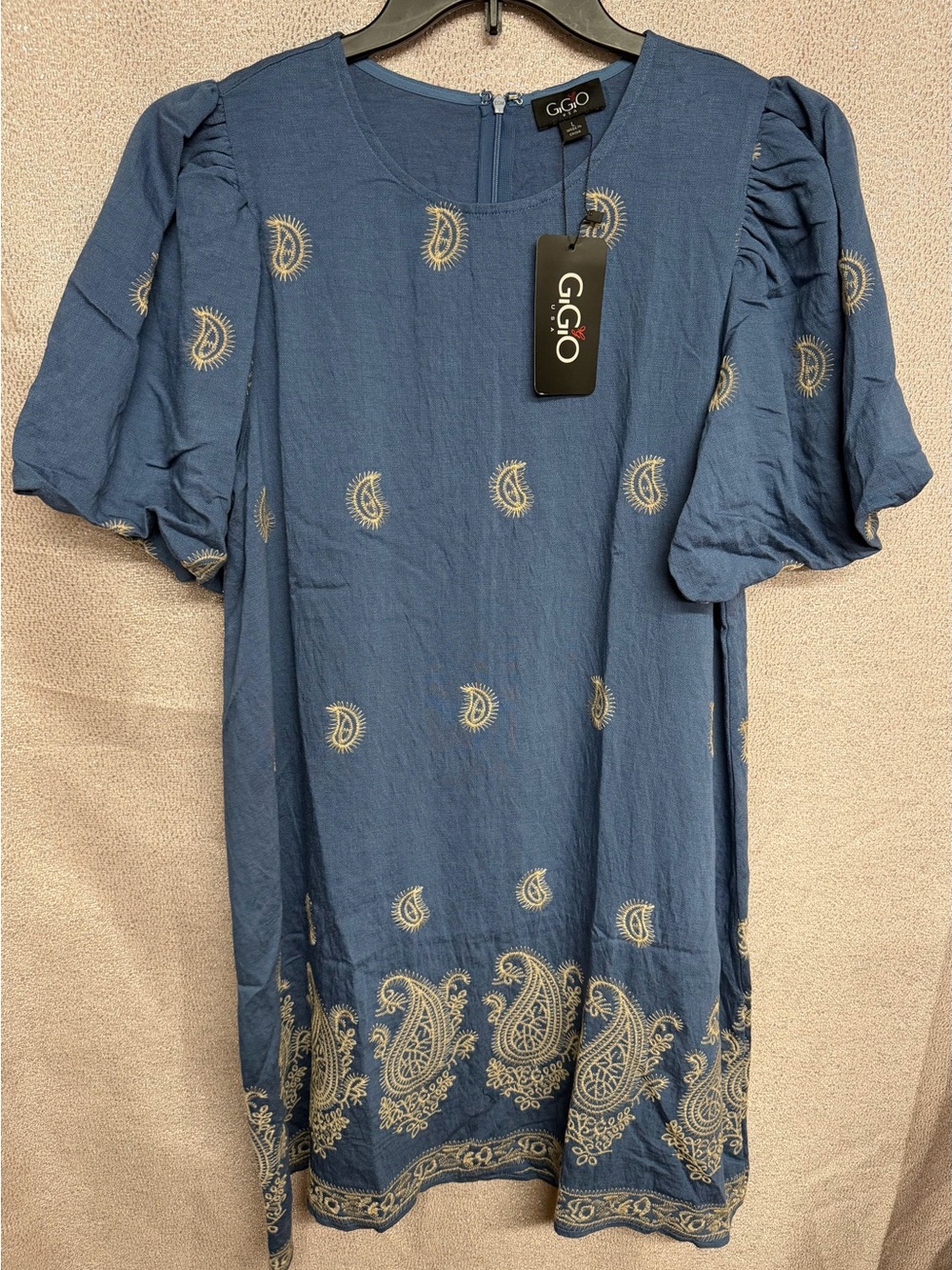 GIGIO Blue Paisley Embroidered Puff Sleeve Dress Boutique women’s size L